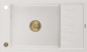 MEXEN/S - Elias granitový dřez 1 s odkapávačem 795 x 480 mm, bílá, + zlatý sifon 6511791005-20-G