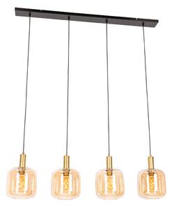 Designová závěsná lampa černá s mosazí a jantarovým sklem 4-light - Zuzanna
