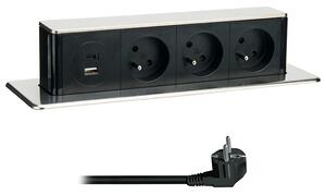 SOLIGHT Výsuvný blok 3 zásuvek, USB A+C 20W PD , 2m, nerez ocel