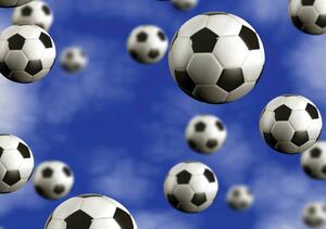 Fototapeta - Fotbalové míče na modrém pozadí (152,5x104 cm)