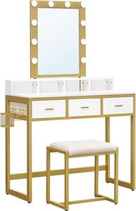VASAGLE Toaletní stolek s osvětlením 90x40x145,5cm bílý zlatý