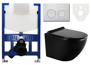 MEXEN - Fenix XS-F rám podomítkový do WC - 60800 + MEXEN - Fenix 07 XS tlačítko pro splachování - chrom lesk + MEXEN - Lena WC mísa Rimless, WC sedátko se zpomalovacím mechanismem, Slim, duroplast - černá - 30224070