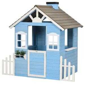 Dětský dřevěný domeček Outsunny pro venkovní hraní pro děti 3-7 let s dveřmi, okny, truhlíky a bočními ploty 151x112,5x142 cm Modrá | Aosom