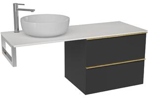 Deska pod umyvadlo z litého mramoru Elanys - 120x46,5x1,2 cm - skříňka Velora 59 cm - černá matná, zlatá úchytka - konzole chrom