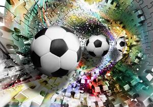 Fototapeta - Fotbalové míče v 3D puzzle tunelu (152,5x104 cm)