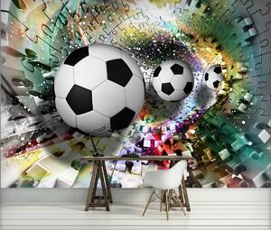 Fototapeta - Fotbalové míče v 3D puzzle tunelu (152,5x104 cm)