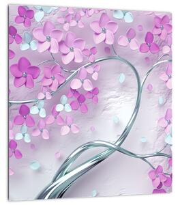 Obraz květů na stříbrném kmeni - abstrakt (30x30 cm)