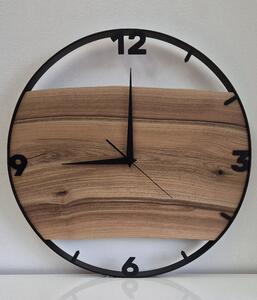 Dřevěné hodiny -55cm, přírodní dřevo - ořech, černý kovový rám (55A1)