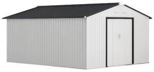 Zahradní kůlna Outsunny 12,4 m² 340x386x200 cm se skládacími dveřmi, šikmou střechou a zesíleným základem (podlaha není součástí) a 4 okny - Bílá | Ao