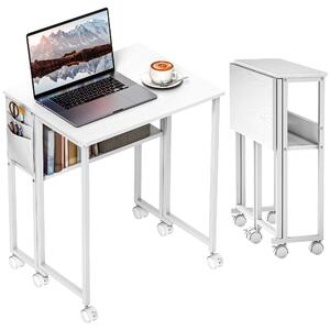 HOMCOM Folding Small Desk 63 cm | Space-Saving Rolling Computer Desk with Shelf & Side Pocket, White | Aosom