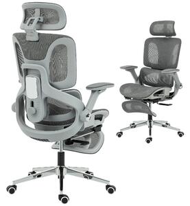 HOMCOM ergonomická síťovaná kancelářská židle — 4D područky, nastavitelná opěrka hlavy a hloubka sedáku, bederní opora, sklápění 135° s opěrkou nohou
