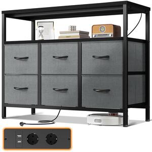 Komoda se 6 zásuvkami potaženými látkou, 2 zásuvkami, 2 USB porty, černá barva, rozměry 100x30x85,2 cm