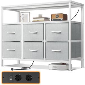 Komoda se 6 zásuvkami potaženými látkou, 2 zásuvkami, 2 USB porty, rozměry 100x30x85,2 cm, bílá barva