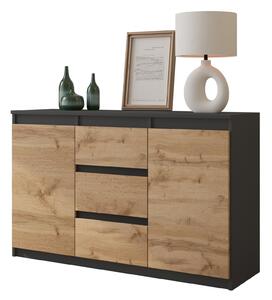 MIKEL - Komoda / příborník se 3 zásuvkami a 2 dvířky - antracitově šedá / dub Wotan V75cm Š120cm H35cm