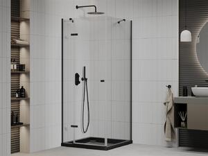 Mexen Roma, sprchový kout s 1-křídlými dveřmi 90 (dveře) x 90 (stěna) cm, 6mm čiré sklo, černý profil, slim sprchová vanička 5cm černá s černým sifonem, 854-090-090-70-00-4070B