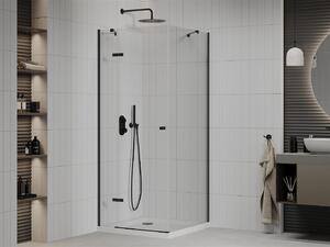 Mexen Roma, sprchový kout s 1-křídlými dveřmi 90 (dveře) x 90 (stěna) cm, 6mm čiré sklo, černý profil, slim sprchová vanička 5cm bílá s černým sifonem, 854-090-090-70-00-4010B
