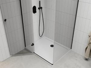 Mexen Roma, sprchový kout s 1-křídlými dveřmi 90 (dveře) x 70 (stěna) cm, 6mm čiré sklo, černý profil, slim sprchová vanička 5cm bílá s černým sifonem, 854-090-070-70-00-4010B