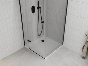 Mexen Roma, sprchový kout s 1-křídlými dveřmi 90 (dveře) x 90 (stěna) cm, 6mm čiré sklo, černý profil, slim sprchová vanička 5cm bílá s černým sifonem, 854-090-090-70-00-4010B