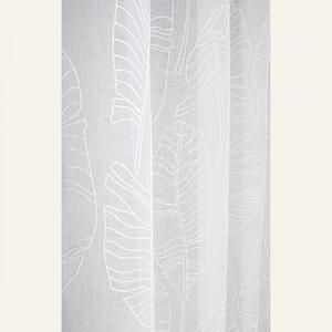 Bílá záclona Flory s listovým vzorem a stříbrnými průchodkami 140 x 250 cm