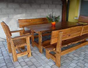 KULHÁNEK nábytek Zahradní dubová sestava - stůl, 2x lavice s opěradlem, 2x křeslo (rustikální provedení) Délka: 150 cm, Odstín nátěru: olej - palisandr