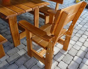 KULHÁNEK Zahradní dubová sestava - stůl, 2x lavice s opěradlem, 2x křeslo (rustikální provedení) Délka: 160 cm, Odstín nátěru: olej - ořech