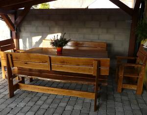 KULHÁNEK Zahradní dubová sestava - stůl, 2x lavice s opěradlem, 2x křeslo (rustikální provedení) Délka: 150 cm, Odstín nátěru: lazura - palisandr