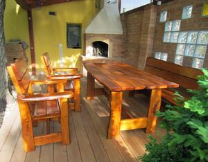 KULHÁNEK Zahradní dubová sestava - stůl, 1x lavice s opěradlem, 2x křeslo (rustikální provedení) Odstín nátěru: lazura - palisandr