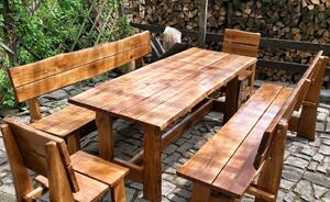 KULHÁNEK Zahradní dubová sestava - stůl, 2x lavice s opěradlem, 2x židle (rustikální provedení) Délka: 150 cm, Odstín nátěru: lazura - palisandr