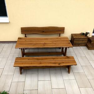KULHÁNEK Zahradní dubová sestava - stůl, 1x lavice s opěradlem, 1x lavice bez opěradla (rustikální provedení) Délka: 150 cm, Odstín nátěru: lazura - palisandr