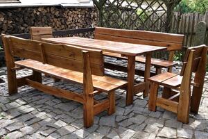 KULHÁNEK Zahradní dubová sestava - stůl, 2x lavice s opěradlem, 2x židle (rustikální provedení) Délka: 150 cm, Odstín nátěru: lazura - dub