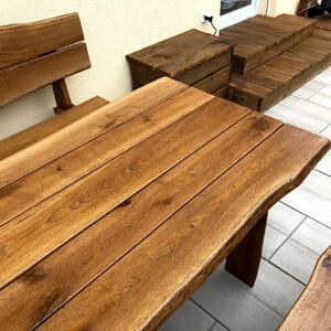 KULHÁNEK Zahradní dubová sestava - stůl, 1x lavice s opěradlem, 1x lavice bez opěradla (rustikální provedení) Délka: 150 cm, Odstín nátěru: lazura - palisandr