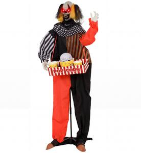 Animovaný halloweenský klaun s popcornem, vystřelující hlavou, strašidelnými zvuky, jarmareční hudbou a svítícíma očima