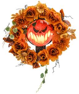 Halloweenový věnec, strašidelný dýňový motiv, podzimní listí, světelné efekty, plast