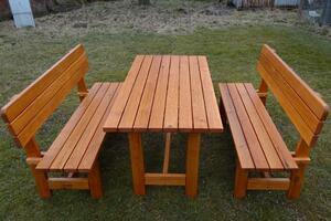 KULHÁNEK Zahradní dubová sestava - stůl, 2x lavice s opěradlem (klasické provedení) Délka: individuální, Odstín nátěru: olej - palisandr