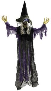 183 cm závěsná halloween čarodějnice 183 cm s LED světly, zvuková funkce, nastavitelné paže a pohyblivá ústa