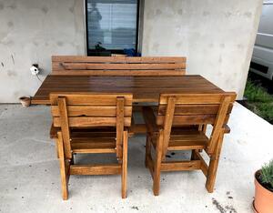 KULHÁNEK Zahradní dubová sestava - stůl, 1x lavice s opěradlem, 2x křeslo (klasické provedení) Délka: 150 cm, Odstín nátěru: olej - ořech
