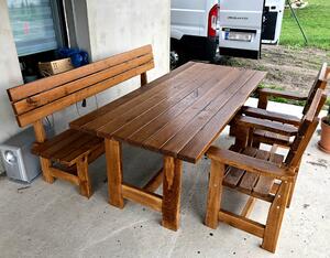 KULHÁNEK Zahradní dubová sestava - stůl, 1x lavice s opěradlem, 2x křeslo (klasické provedení) Délka: 150 cm, Odstín nátěru: olej - ořech