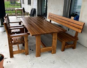 KULHÁNEK nábytek Zahradní dubová sestava - stůl, 1x lavice s opěradlem, 2x křeslo (klasické provedení) Délka: 150 cm, Odstín nátěru: olej - ořech