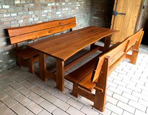 KULHÁNEK nábytek Zahradní dubová sestava - stůl, 2x lavice s opěradlem (rustikální provedení) Délka: individuální, Odstín nátěru: olej - teak
