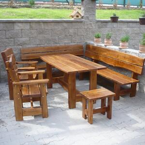 KULHÁNEK nábytek Zahradní dubová sestava - stůl, 2x křeslo, 1x stolička, 1x rohová lavice (rustikální provedení) Odstín nátěru: olej - ořech