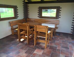 KULHÁNEK Zahradní dubová sestava - stůl, 2x křeslo, 1x rohová lavice (rustikální provedení) Odstín nátěru: lazura - teak