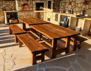 KULHÁNEK nábytek Zahradní dubová sestava - stůl, 4x lavice bez opěradla (rustikální provedení) Odstín nátěru: olej - ořech