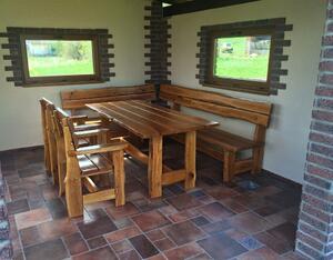 KULHÁNEK nábytek Zahradní dubová sestava - stůl, 2x křeslo, 1x rohová lavice (rustikální provedení) Odstín nátěru: lazura - pinia