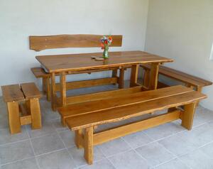KULHÁNEK Zahradní dubová sestava - stůl, 3x lavice bez opěradla, 1x stolička (rustikální provedení) Odstín nátěru: olej - ořech