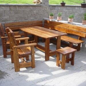 KULHÁNEK Zahradní dubová sestava - stůl, 2x křeslo, 1x stolička, 1x rohová lavice (rustikální provedení) Odstín nátěru: olej - palisandr