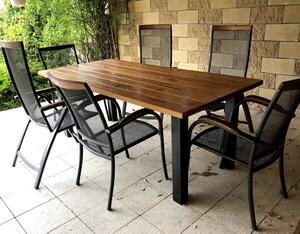 KULHÁNEK Zahradní stůl s kovovými nohami Odstín nátěru: lazura - teak, Velikost desky: 150x80 cm, Odstín podnože: bílá - RAL 9010