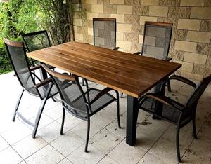 KULHÁNEK Zahradní stůl s kovovými nohami Odstín nátěru: olej - ořech, Velikost desky: 150x80 cm, Odstín podnože: černá s jemnou strukturou - JS RAL 9005