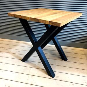 KULHÁNEK Čtvercový stolek s kovovými nohami „X“ Odstín nátěru: lazura - pinia, Velikost desky: 70x70 cm, Odstín podnože: černá s jemnou strukturou - JS RAL 9005