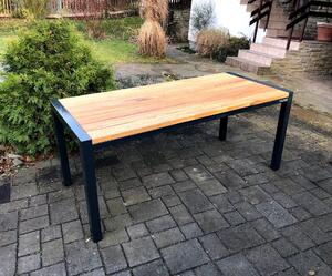 KULHÁNEK Zahradní stůl s kovovou hranou a nohami Odstín nátěru: lazura - dub, Velikost desky: 150x80 cm, Odstín podnože: černá s jemnou strukturou - JS RAL 9005