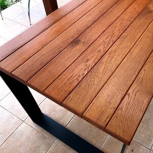 KULHÁNEK Zahradní stůl s nohami z ploché oceli Odstín nátěru: lazura - ořech, Velikost desky: 150x80 cm, Odstín podnože: černá s jemnou strukturou - JS RAL 9005